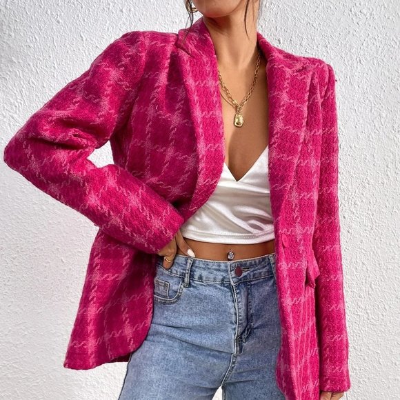 Pink Preppy Womens Plaid Lapel Collar Overcoat - Picture 4 of 5